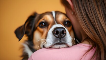 Close-Up of Dog Resting on Woman&rsquo;s Shoulder with Tender Expression