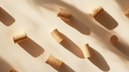 Artistic flat lay of wine corks arranged on beige with dramatic natural lighting