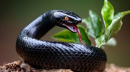 Fototapeta premium A striking black snake with a flicking tongue among green leaves