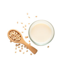 Soy Milk in Glass with Soybeans and Wooden Spoon