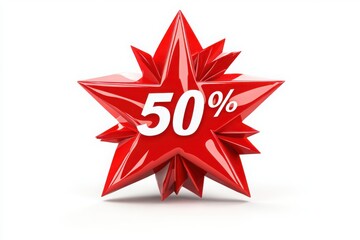 Fototapeta premium Red star with fifty percent discount on a plain white surface