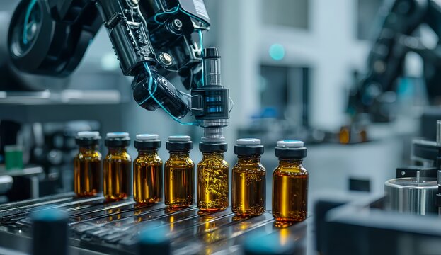 Precision Automation in Pharmaceuticals: A robotic arm expertly handles vials on a production line, showcasing advanced technology in pharmaceutical manufacturing, innovation and efficiency.