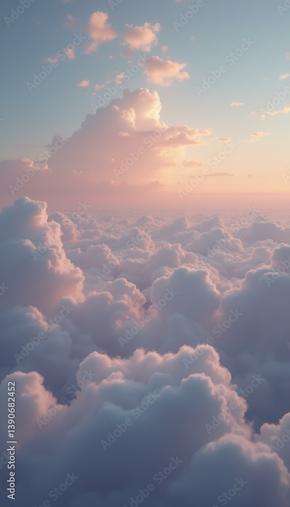 Poster aerial view of fluffy clouds illuminated by soft sunset light creating a serene and dreamlike atmosp