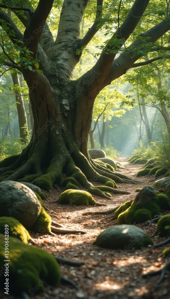 Poster enchanted forest path: sunlight illuminating a moss-covered ancient tree and stone-lined trail