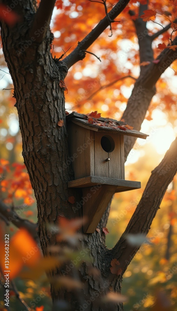 Poster wooden birdhouse mounted on a tree trunk with autumn leaves creating a vibrant forest background.