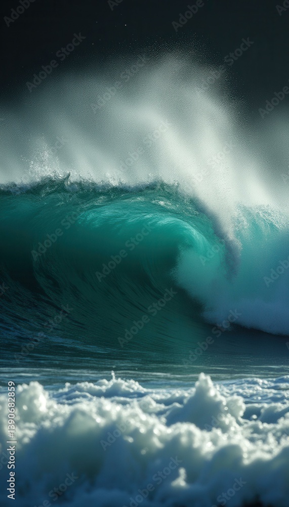 Poster gigantic turquoise wave cresting in the ocean, creating a dynamic display of nature's raw power
