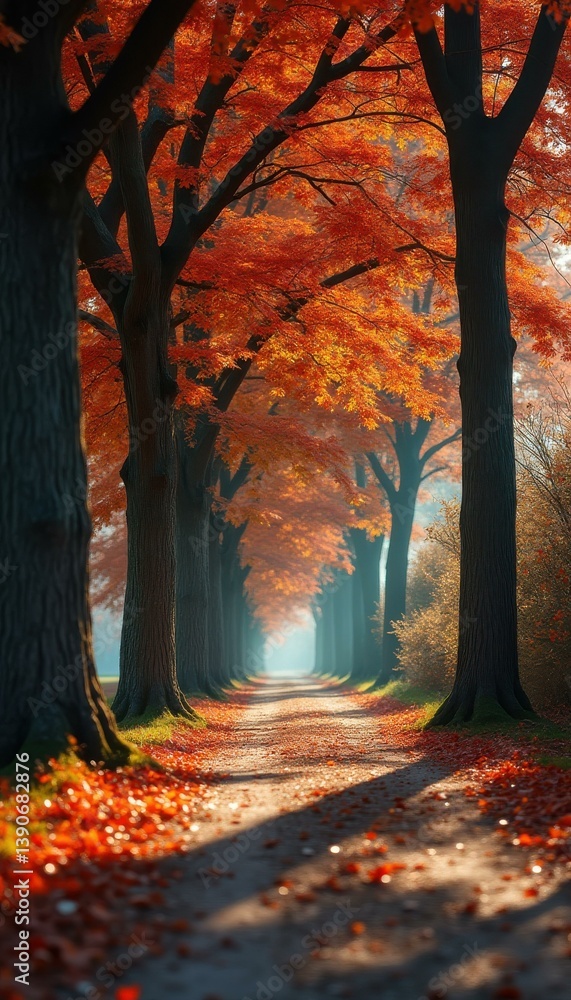 Poster autumnal avenue: a serene path beneath a canopy of fiery leaves in a tranquil forest setting