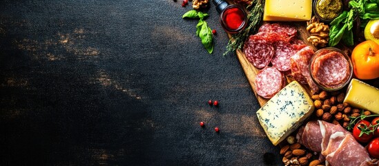 Gourmet cheese, meat, and nuts platter on dark background.