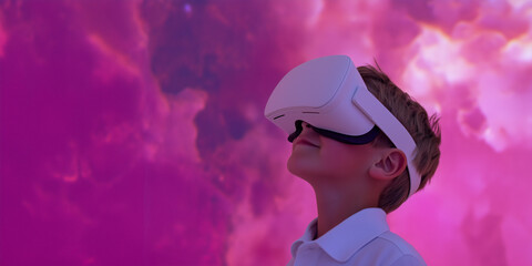 Virtual Reality Explorer: A young boy wearing VR headset explores the immersive world of virtual reality, with vibrant cloudscape in background. A moment of wonder and discovery.