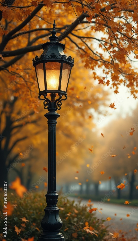 Poster autumn park scene with vintage lamppost glowing amidst falling maple leaves creating serene atmosphe