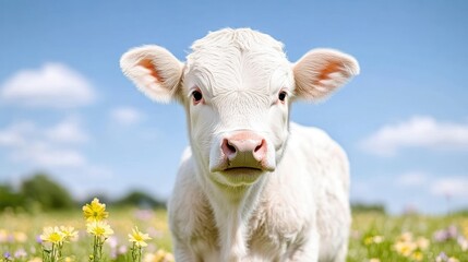 Fototapeta premium White Calf in Spring Meadow, Bright, Natural Light, High-Resolution, Close-up Portrait, Soft Fur Texture, Peaceful Grazing Scene, Sunny Field Background, Pure White Tones, Ideal for Agricultural Ads