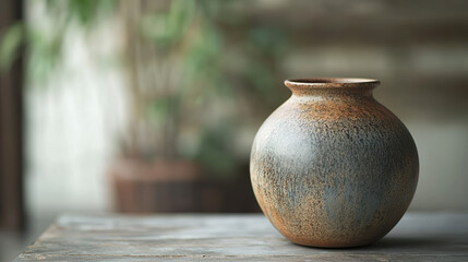 A rustic handcrafted ceramic vase with a mottled brown and grey glaze sits on a weathered wooden table against a blurred green plant background.