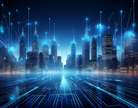 a futuristic cityscape featuring glowing skyscrapers and a network of blue lights symbolizing advanced technology and digital connectivity