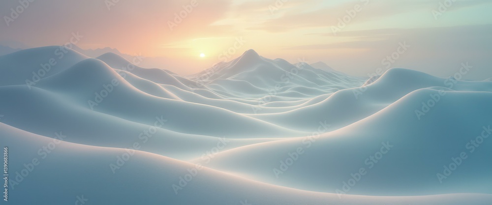 Poster soft waves and gentle mountain ridges under a sunrise in a dreamlike abstract landscape, creating a 