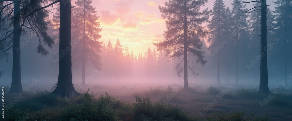 Aufkleber Misty forest landscape with soft pink light filtering through the trees creating an ethereal ambiance
