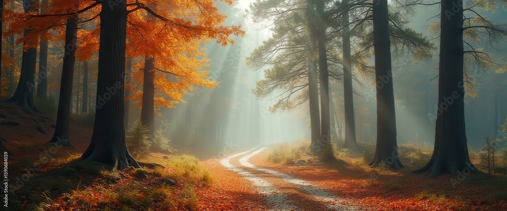 Aufkleber Enchanting forest path with sun rays and golden autumn leaves creating a serene and magical atmosphere