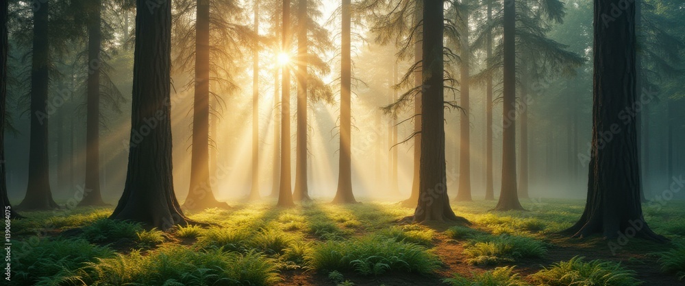 Poster golden sunrise illuminates a forest with tall trees and lush ferns, creating a mystical and ethereal