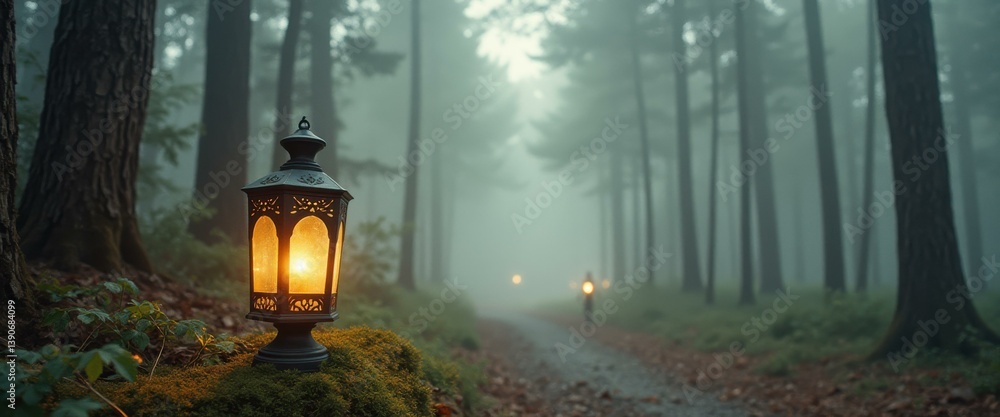 Poster glowing lantern illuminates misty forest path at dusk