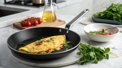 Fototapeta premium Chef cooking golden omelette in nonstick skillet kitchen setting food photography culinary art close-up delicious breakfast dish