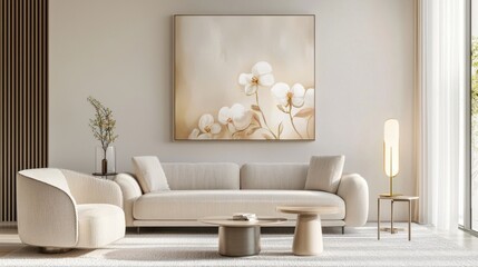 Scandinavian modern living room, cream stitched edge sofa and armchair, soft oil floral painting, warm ambient light