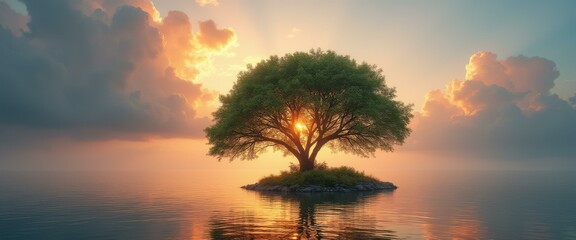 Serene sunset landscape with lone tree island, glowing sun rays, peaceful water, dramatic clouds, nature's tranquility, and reflections.