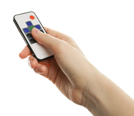 Woman with modern lighting remote control on white background, closeup