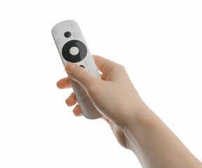 Woman with remote control on white background, closeup