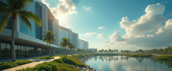Modern architecture by a serene lake reflecting blue sky and white clouds, with palm trees and lush greenery under bright sunshine
