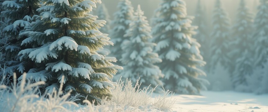 Tranquil winter forest with snow-covered fir trees and sunlit undergrowth, creating a serene, atmospheric landscape