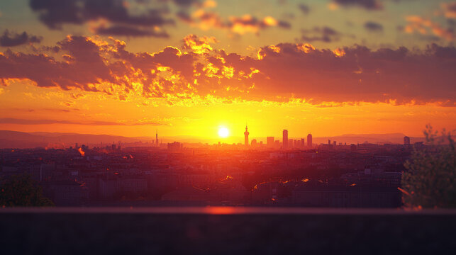 A vibrant and fiery sunset casts an orange glow over a sprawling cityscape silhouetted against the dramatic sky creating a breathtaking panoramic view of the city at dusk.
