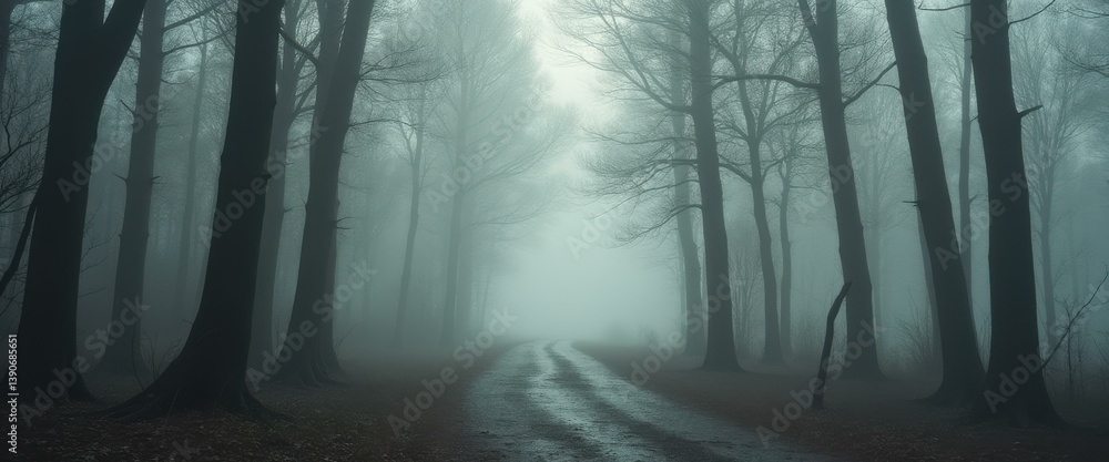 Poster Path Through a Foggy Forest with Bare Trees and Dark Woodland Setting