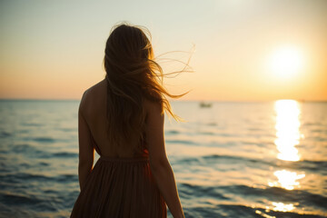 Woman watching sunset at sea