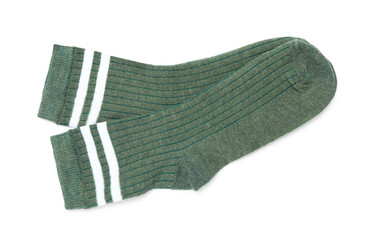 Pair of green socks isolated on white, top view
