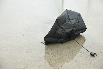 Broken black umbrella on wet asphalt outdoors