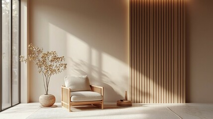 Elegant Beige Toned Room Interior Mockup Featuring a Stylish Wooden Chair and Textured Wood Panel