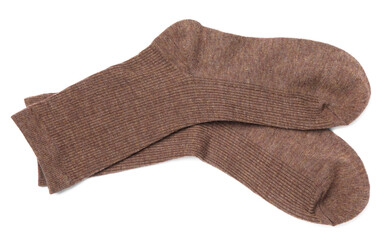 Pair of brown socks isolated on white, top view