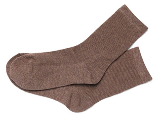 Pair of brown socks isolated on white, top view