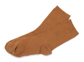 Pair of brown socks isolated on white, top view