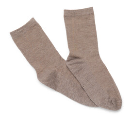 Pair of brown socks isolated on white, top view