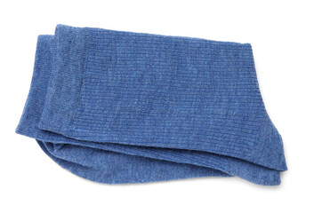 Pair of blue socks isolated on white, top view