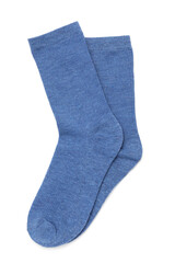 Pair of blue socks isolated on white, top view