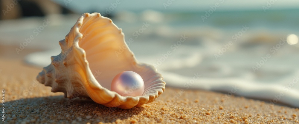 Aufkleber Pearl rests inside a conch shell on a sandy beach with gentle waves lapping in the background.
