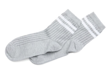 Pair of grey socks isolated on white, top view