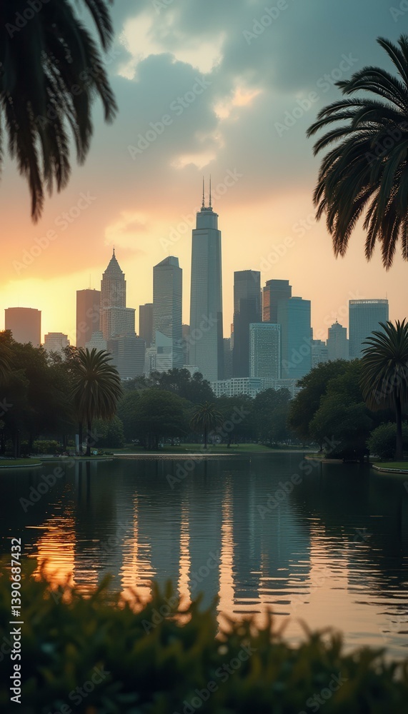 Poster serene cityscape reflection at dusk: tranquil urban scene with palm trees and calm water