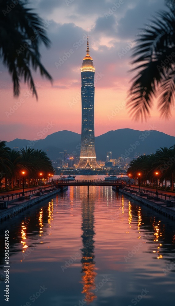 Poster Towering futuristic structure with glowing lights reflecting in waterway at twilight