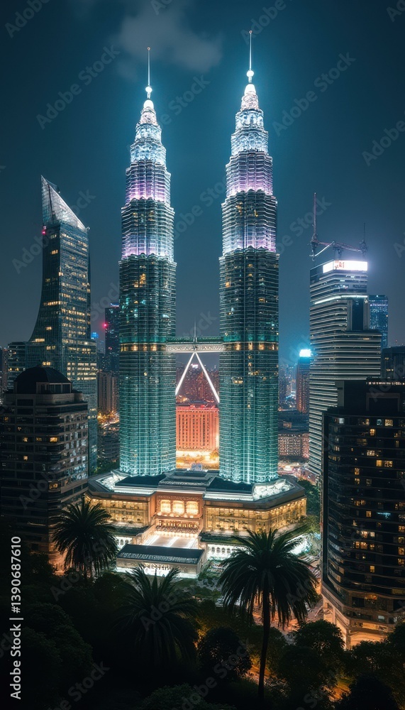 Poster night view of futuristic twin towers with illuminated skybridge and surrounding buildings in a metro
