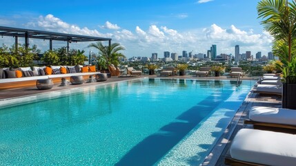 Stunning Rooftop Pool with City Skyline View on a Bright Sunny Day