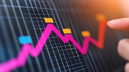 Analyzing Chart Data with Finger Pointing at Screen, Showing Fluctuating Trends and Potential Growth