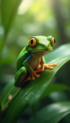 Obraz premium Vibrant Green Tree Frog Perched on Leaf in Lush Rainforest Setting with Stunning Detail