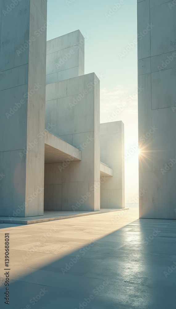 Poster Modern minimalist architecture of abstract block-like structures bathed in sunlight, showcasing sleek geometric design and clean lines